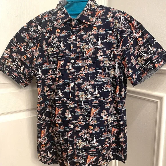 Navy Tropical Print Men's Shirt - Picture 2 of 12